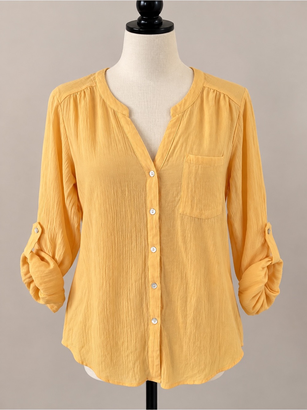 Yellow Roll Tab Sleeve Button Front Blouse Plus Size 2X